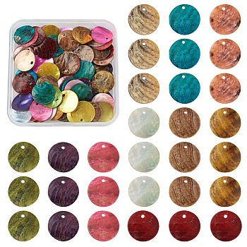 100Pcs 10 Colors Spray Paint Natural Akoya Shell Pendants, Mother of Pearl Shell Pendants, Flat Round, Mixed Color, 15x1~3mm, Hole: 1.1~1.5mm, 10pcs/colors
