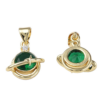 Brass Micro Pave Cubic Zirconia Pendants, with Brass Snap on Bails, Nickel Free, Real 18K Gold Plated, Flat Round with Star, Green, 15x12.5x6mm, Hole: 3x4mm