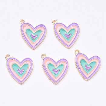 Light Gold Plated Alloy Enamel Pendants, Heart, Colorful, 19x19x1.5mm, Hole: 1.6mm