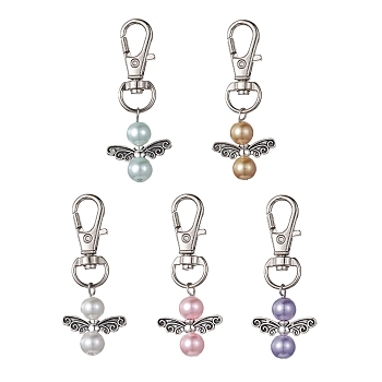 Angel Alloy & Glass Pearl Beads Pendants Decorations, with Alloy Swivel Lobster Claw Clasps, Mixed Color, 52mm