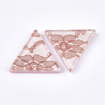 Resin Cabochons, with Lace Inside, Triangle, Pink, 36.5x41x7.5mm