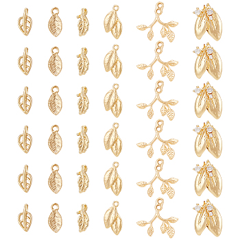 36Pcs 6 Styles Brass Charms, Leaf, Real 18K Gold Plated, 9.5~14.5x4.5~13.5x1~3.5mm, Hole: 1~1.5mm, 6pcs/style