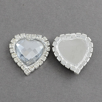 Shining Flat Back Faceted Heart Acrylic Rhinestone Cabochons, with Grade A Crystal Rhinestones and Brass Cabochon Settings, Clear, 22x22x5mm