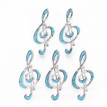 Musical Note Synthetic Turquoise Brooch Pin, Alloy Lapel Pin for Girl Women, Lead Free & Cadmium Free, Platinum, 59x27x9mm, Hole: 7x4mm, Pin: 0.7mm