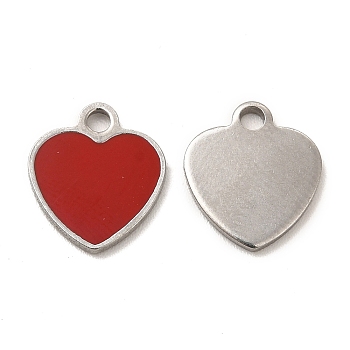 304 Stainless Steel Enamel Pendants, Heart Charm, Stainless Steel Color, 11x10x1mm, Hole: 1.6mm