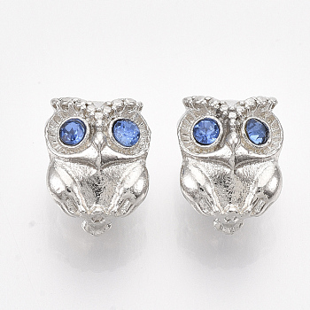Platinum Plated Alloy European Beads, with Rhinestones, Large Hole Beads, Owl, Sapphire, 11x9x9mm, Hole: 4.5mm