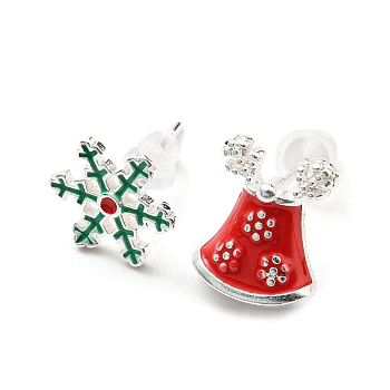 Christmas Theme Brass Asymmetrical Earrings, Stud Earrings, Snowflake, 9x9mm, 11x9mm