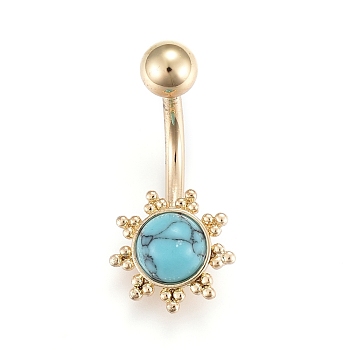 Piercing Jewelry, Brass Navel Ring, Belly Rings, with Synthetic Turquoise & Stainless Steel Bar, Golden, 24x11mm, Bar: 15 Gauge(1.5mm), Bar Length: 3/8"(10mm)
