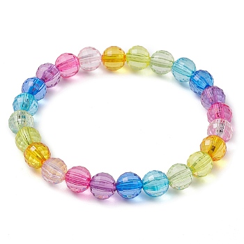 7.5mm Faceted Round Transparent Acrylic Beaded Stretch Bracelets, Rainbow Color Bracelets for Women, Colorful, Inner Diameter: 2 inch(5.2cm), 7.5mm