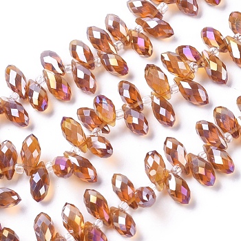 Electroplate Glass Faceted Teardrop Beads Strands, Top Drilled Beads, AB Color Plated, Chocolate, 11.5~13x6mm, Hole: 1mm, about 92~95pcs/strand, 16.5 inch