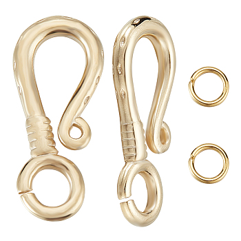 10Pcs Brass Hook Clasps, with 20Pcs Jump Rings, Real 24K Gold Plated, Hook Clasps: 19x8x2mm, Hole: 3mm, 10pcs
