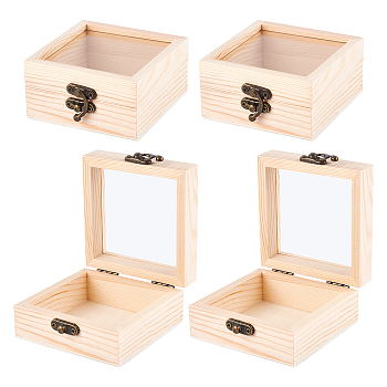 Wooden Box, Flip Cover Box, with Iron Lock Clasps & Glass Visual Window, Rectangle, BurlyWood, 4x3-1/2x1-3/4 inch(10x9x4.5cm)