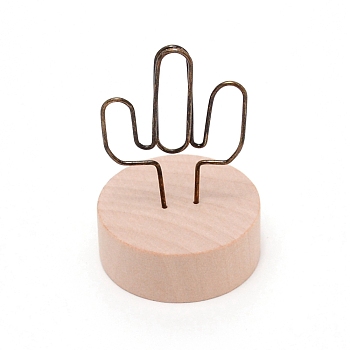 Flat Round Schima Wood Name Card Holder Base, Photo Memo Holders, with Cactus Iron Clip, for Wedding, Birthday Party Table Number Sign, BurlyWood, 40x15mm, Hole: 1.2mm