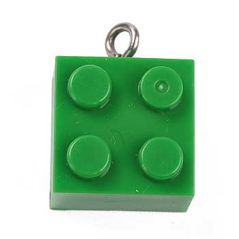 Resin Pendants, with Platinum Iron Loop, Toy Bricks, Green, 21x15.5x11mm, Hole: 2.6mm