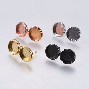 Brass Stud Earring Settings, Flat Round, Mixed Color, Tray: 10mm, 15x11.6mm, Pin: 0.8mm