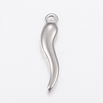304 Stainless Steel Pendants, Horn of Plenty/Italian Horn Cornicello Charms, Stainless Steel Color, 19.5x5x2mm, Hole: 1.5mm
