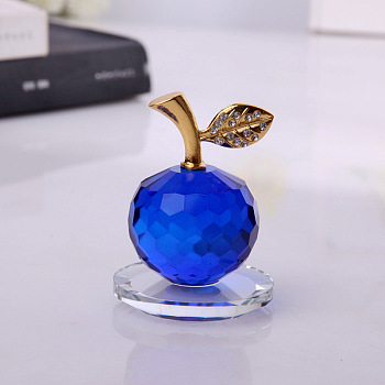 Crystal Glass Display Decorations, with Golden Tone Alloy Random Color Rhinestone Leaf, for Desk Decorations, Dyed & Heated, Apple, Blue, 40x60mm