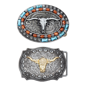 WADORN 2Pcs 2 Style Alloy Smooth Buckles, Belt Fastener, with Wooden and Resin Beads, Oval/Rectangle with Cattle Head, Mixed Color, 62.5~75x84~99.5x9.5~12mm, Hole: 40~41.5x16.5~17mm, 1pc/style