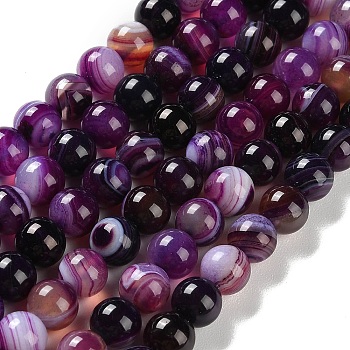 Natural Striped Agate/Banded Agate Beads Strands, Dyed, Round, Indigo, 8mm, Hole: 1.2mm, about 24pcs/strand, 7.48''(19cm)