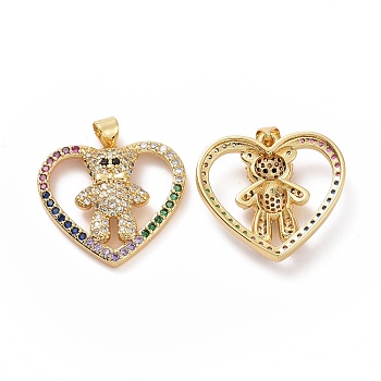 Brass Micro Pave Colorful Cubic Zirconia Pendants, Heart with Bear Charms, Golden, 22x24x5.5mm, Hole: 3x3.5mm