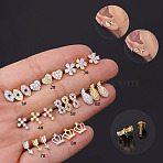 Brass Micro Pave Clear Cubic Zirconia Cartilage Earrings, 316L Stainless Steel Pins, Cross, Rose Gold, 6mm, Pin: 1.2mm(WGF4DCF-20)