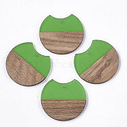 Transparent Resin & Walnut Wood Pendants, Gap Flat Round, Green, 33~34x37x3~4mm, Hole: 1.8~2mm(X-RESI-T023-11-A02)
