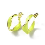 Enamel Twist Stud Earrings, Real 18K Gold Plated Brass Half Hoop Earrings for Women, Green Yellow, 25x21x9mm, Pin: 0.8mm(EJEW-P214-03G-04)