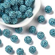 Pave Disco Ball Beads, Polymer Clay Rhinestone Beads, Round, Aquamarine, PP13(1.9~2mm), 6 Rows Rhinestone, 10mm, Hole: 1.5mm(RB-A130-10mm-3)