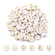 Plating Acrylic Beads, Metal Enlaced, Mixed Letters, Flat Round, White, 7x4mm, Hole: 1.8mm(PACR-YW0001-11)