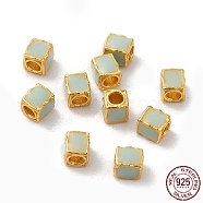 Matte Gold Color 925 Sterling Silver Beads, with Enamel, Square, Aqua, 3x2.5x2.5mm, Hole: 1.4mm(STER-M113-23A-01MG)