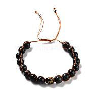 Adjustable Nylon Thread Braided Bead Bracelets, with Round Carved Om Mani Padme Hum Natural Obsidian Beads and Natural Tiger Eye Beads, Brass Beads, Chocolate, Inner Diameter: 1-7/8~ 3-1/2 inch(4.8~9cm)(BJEW-JB06655-01)