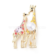 Golden Plated Alloy Brooches, with Rhinestone, Glass Pearl and Enamel, Giraffe, Colorful, 49.5x27.5x16.5mm, Pin: 0.8mm(JEWB-L011-006G)