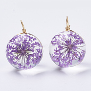 Glass Pendants, with Dried Flower Inside & Brass Findings, Round, Golden, Medium Purple, 19x14mm, Hole: 2mm(GLAA-Q070-002B-05)