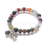 Chakra Jewelry, Natural Indian Agate Bracelets, with Metal Tree Pendants, 50mm(BJEW-I273-A12)
