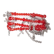 Red Glass Multi-Strand Beaded Bracelets, Cross 201 Stainless Steel & Alloy Charm Bracelets for Women, Stainless Steel Color, 13-1/2 inch(34.4cm)(BJEW-JB10709)