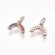 Brass Cubic Zirconia Charms, Long-Lasting Plated, Curved, Colorful, Real Rose Gold Plated, 7.3x10x1.6mm, Hole: 3.5mm(ZIRC-E162-14RG)