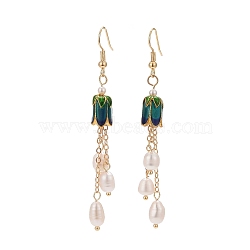 Flower Alloy Enamel Dangle Earrings, Natural Pearl Tassel Earrings for Women, Light Gold, 74mm, Pin: 0.9mm(EJEW-TA00232)