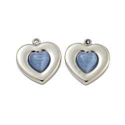 304 Stainless Steel Charms, with Cat Eye, Heart, Blue, 14x13x3.5mm, Hole: 1.4mm(STAS-L022-202P-01)