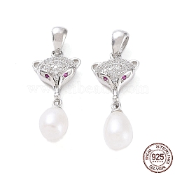 Anti-Tarnish Rhodium Plated 925 Sterling Silver Micro Pave Cubic Zirconia Pendants, Fox Charms with Natural Pearl Beads, with S925 Stamp, Platinum, 27x11.5x6.5mm, Hole: 3x4.3mm(STER-NH0001-13P)