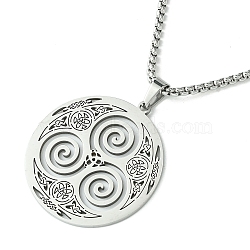 Titanium Steel Pendant Necklaces, Box Chain, Flat Round with Triskele Triskelion, Stainless Steel Color, 23.31 inch(59.2cm)(NJEW-L117-02P)