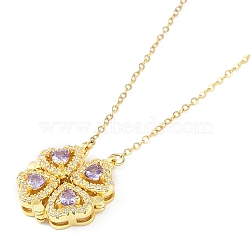 Brass Pave Cubic Zirconia Heart Clover Pendant Necklaces, Ion Plating(IP) Golden Tone 304 Stainless Steel Cable Chain Necklaces for Women, Thistle, 16.73 inch(42.5cm)(NJEW-K276-01G-01)