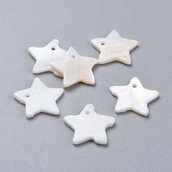 Natural White Shell Mother of Pearl Shell Pendants, Star, 18~19.5x18~19.5x2mm, Hole: 1.5mm(SHEL-K005-01)