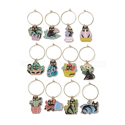 12Pcs 12 Styles Plant Cat Alloy Enamel Wine Glass Charms, with Brass Hoop Earring Findings, Mixed Color, 53.5~57.5mm, Inner Diameter: 23.5mm, 1pcs/style(AJEW-JO00212)