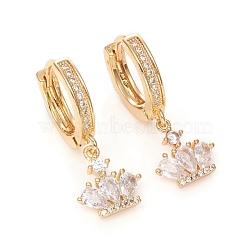 Brass Micro Pave Clear Cubic Zirconia Huggie Hoop Earrings, Long-Lasting Plated, Crown, Golden, 30mm, Pin: 1.2mm(EJEW-G276-16G)