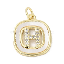 Rack Plating Brass Micro Pave Clear Cubic Zirconia Pendants, with Shell, Cadmium Free & Lead Free, Long-Lasting Plated, Real 18K Gold Plated, with Jump Ring, Letter H, 17.5x15x2.5mm, Hole: 3mm(KK-E102-33G-H)