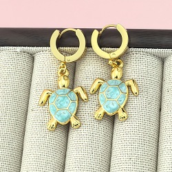201 Stainless Steel Enamel Hoop Earrings, Turtle, Golden, Pale Turquoise, 41x18mm(FS-WG6C184-03)