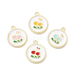 Alloy Enamel Pendants, Golden, Flat Round with Tulip Charm, Mixed Color, 16.5x14x2.5mm, Hole: 1.6mm(ENAM-D050-02G)