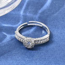 Brass Micro Pave Clear Cubic Zirconia Cuff Open Rings, Round, Platinum, 7mm, Inner Diameter: 17mm(CU-CBA5C10-18P)