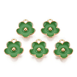 Light Gold Plated Alloy Enamel Pendants, Flower, Green, 13x11.5x3mm, Hole: 1.6mm(ENAM-R136-16F)