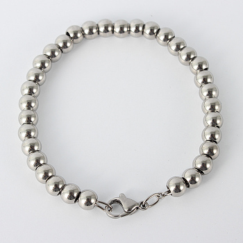 304 Stainless Steel Beaded Bracelets, with Lobster Claw Clasps, Stainless Steel Color, 7-1/4 inch(185mm)